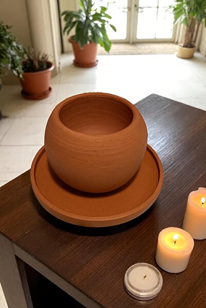 ERSE HOME Kiremit Rengi Dekoratif Tabaklı Yuvarlak Mumluk 2'li Set