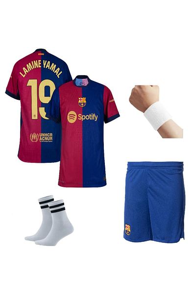 yenteks Set de 4 tricouri de fotbal pentru copii Barcelona Laminated Patch Tricou+Short+Șosete+Brățară