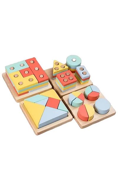 KABI Set din lemn Montessori, joc 4 in 1, Puzzle lemn, Joc Sortare