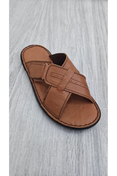 MODESA BY KAVCAR Genuine Real Leather Men's Slippers Summer Lightweight Anti-Sweat Slippers Leather Tan