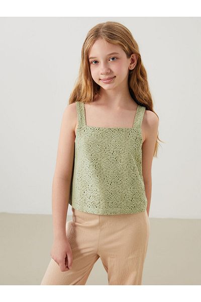 LC Waikiki Lcw Kids Green Square Collar Openwork Girl Crop Tank Top S5Eu79Z4Nvy25