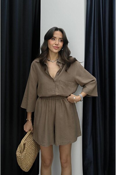 Havoş Brown Case Washed 100% Linen Shorts Shirt Set