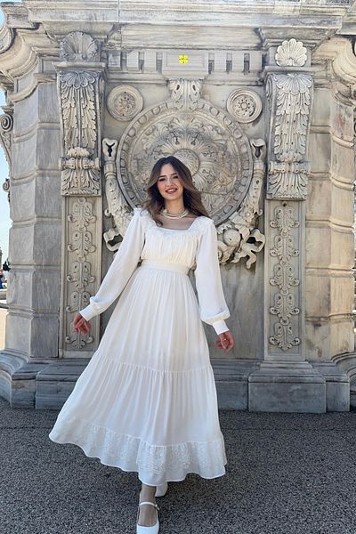 HELİS BUTİK Denise Ecru Dress with Guipure Detail at Neck and Hem (Heli̇s Special Design)