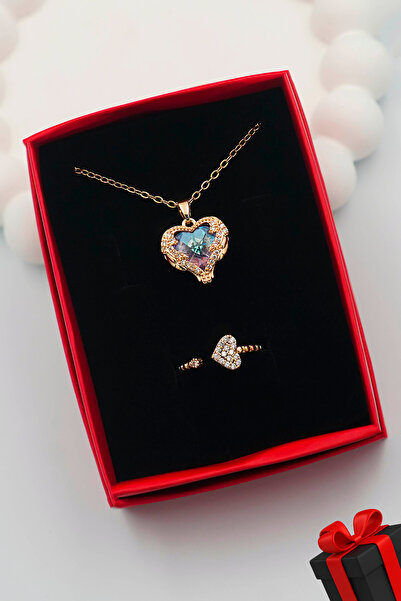 TREND COLLECTİON Kadın Paslanmaz Çelik Kalp Model Gold Zirkon Taşlı Kolye Ve Yüzük (Kutulu)