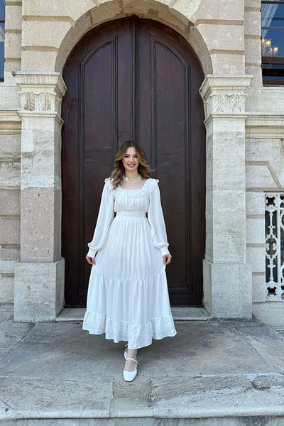HELİS BUTİK Denise Ecru Dress with Guipure Detail at Neck and Hem (Heli̇s Special Design)