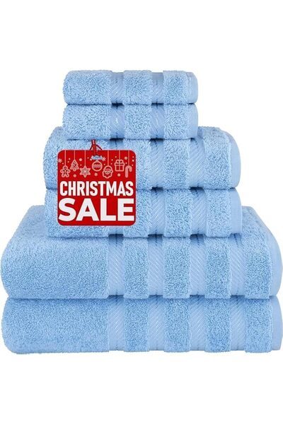 Safi Plus مناشف حمام قطنية فاخرة، 6 قطع، فائقة النعومة، 600 جرام لكل متر مربع، لون أزرق سماوي