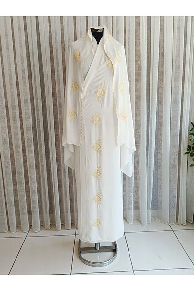 Misue Handmade Medina Silk Embroidered Tied Prayer Dress+shawl, Silk Morning Gown, Dowry Prayer Dress & Morning Gown