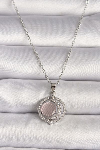 Avantaj Kapıda ®   316L Steel Silver Color Zircon Stone Pink Pearlescent Crescent Model Women's Necklace