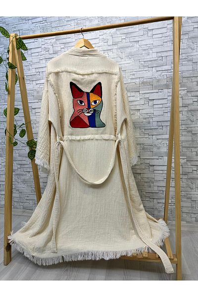 Befera Design Muslin Kimono Handmade Embroidery Embroidered 100% Cotton Cat Pattern Bathrobe Kaftan Dressing Gown