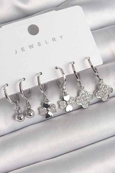 Avantaj Kapıda ®   Brass Silver Color Dangle Zircon Stone Clover Model Topcuk Detail Women's Earring Set