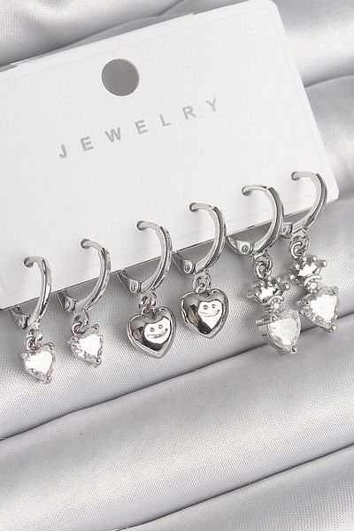 Avantaj Kapıda ®   Brass Silver Color Dangle Zircon Stone Heart Model Crown Detail Women's Earring Set