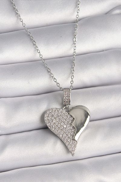 Avantaj Kapıda ®   316L Steel Silver Color Chain Zircon Stone Broken Heart Model Women's Necklace