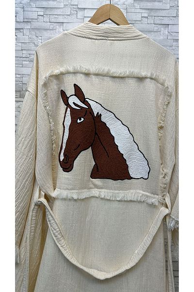 Befera Design Muslin Kimono Handmade Embroidery Embroidered 100% Cotton Horse Patterned Bathrobe Kaftan Dressing Gown