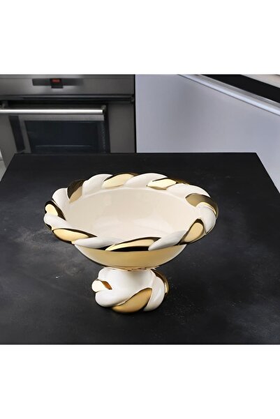 Kosova Çırağan Home Porselen Burgulu Gold Avangard Yuvarlak Ayaklı Derin Dekoratif Sunumluk
