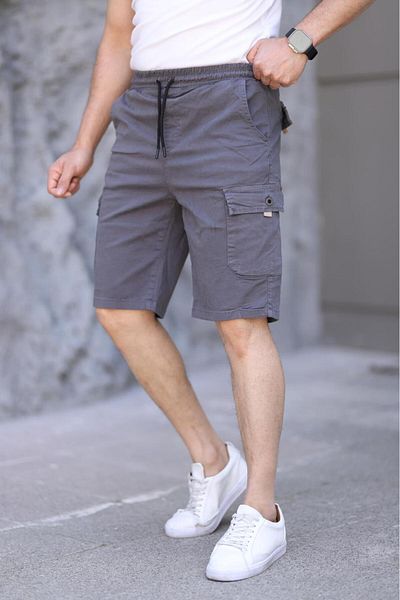 XORVİO Men's Lycra Gabardine Stylish Quality Gray Pocket Shorts Cotton Elastic Waist