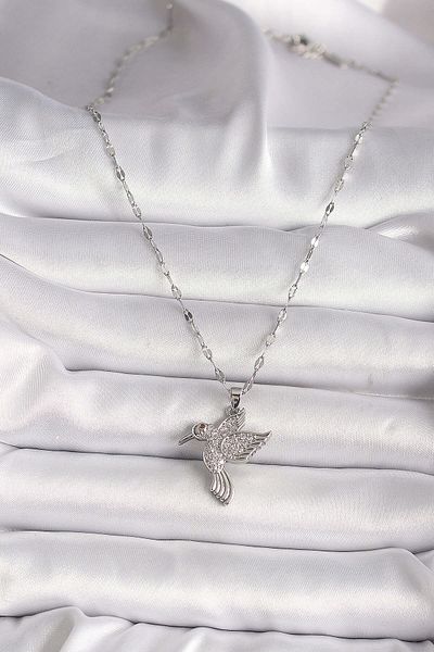 Avantaj Kapıda ®   316L Silver Color Zircon Stone Hummingbird Model Women's Necklace