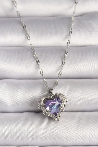 Avantaj Kapıda ®   316L Steel Silver Color Zircon Stone Purple Heart Model Women's Necklace