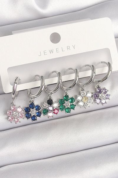 Avantaj Kapıda ®   Brass Silver Color Dangle Colorful Zircon Stone Flower Model Women's Earring Set