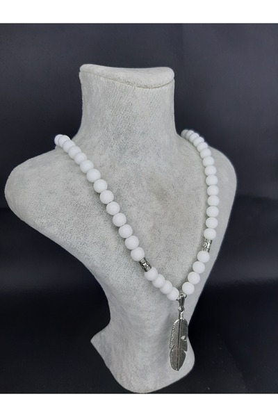 MRYart Unisex Adjustable Natural Stone Necklace – Handmade Stylish Design with White Beads and Metal Feather Tips
