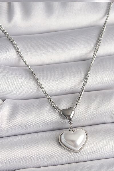 Avantaj Kapıda ®   316L Steel Silver Color Chain 3D Heart Model Women Necklace
