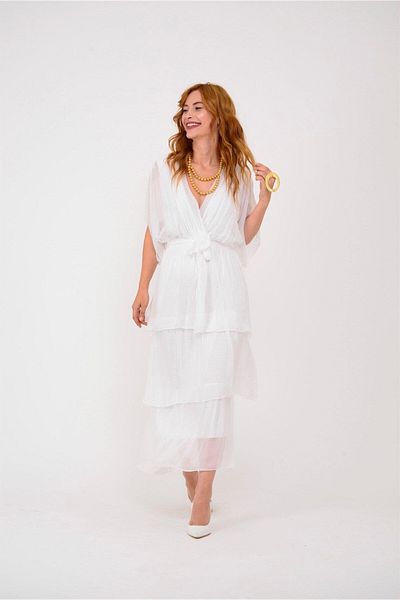 EREN STYLE Italian Double Breasted Waist Tie Long Silk Dress