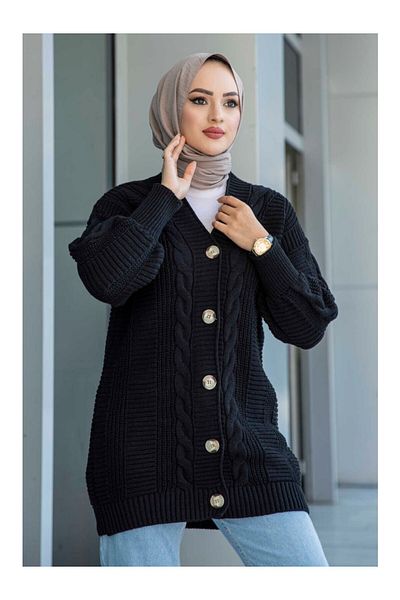 POİNE Hair Braided Balloon Sleeves Long Knitwear Cardigan (80 cm)