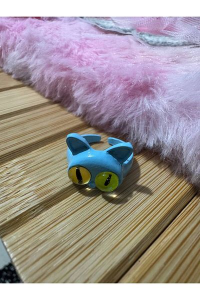 Herşey Nota Punk Style Cute Turquoise Cat Figured Children's Ring – Cartoon Style Resin Fixed Size