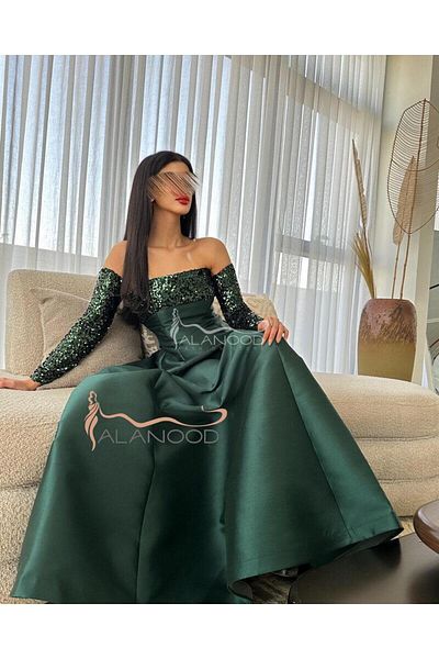 ALANOOD FASHION Soft Mikado Evening Dress with Sequin Sleeves