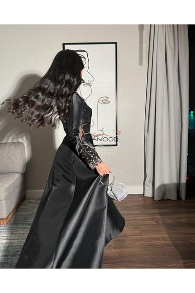 ALANOOD FASHION Black Mikado evening dress with embroidered sleeves and elegant