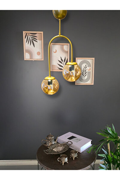Luzarana Mira Avize Modern Metal 2’li Sarı Avize Bal Renk Cam Başlıklı Salon & Yatak Odası Aydınlatması