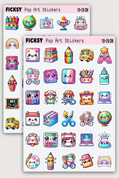 Ficksy مجموعة ملصقات ذات طابع مدرسي كاواي - 60 قطعة من الملصقات