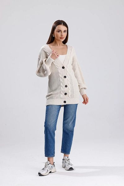 POİNE Hair Braided Balloon Sleeves Long Knitwear Cardigan (80 cm)