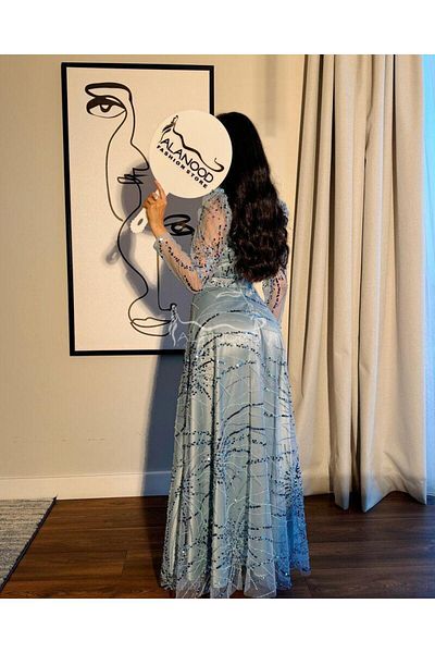 ALANOOD FASHION Luxurious sky blue evening dress with elegant design and sequin beads