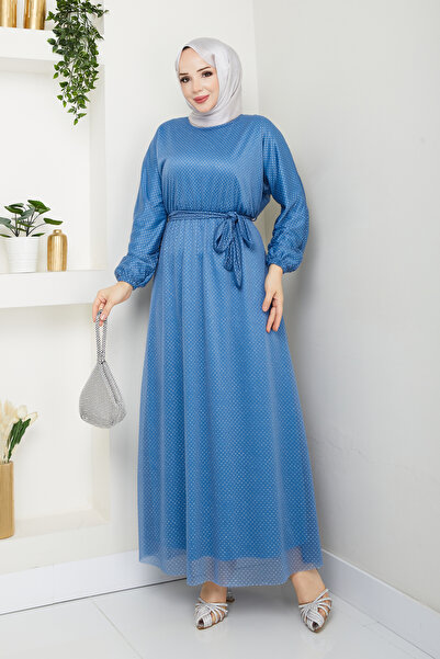 MY DREAM Simli Belden Kuşaklı indigo Tesettür Abiye Elbise