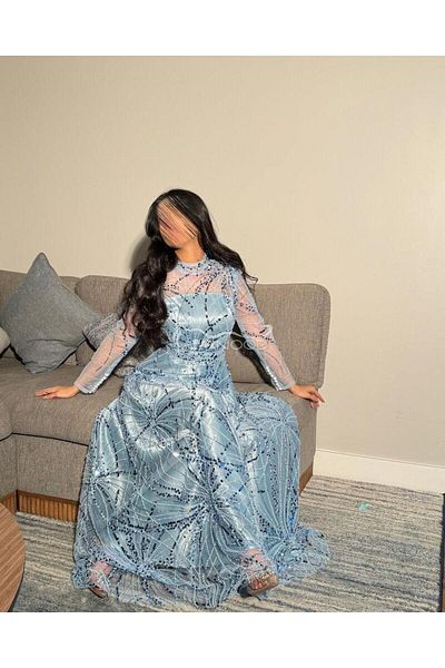 ALANOOD FASHION Luxurious sky blue evening dress with elegant design and sequin beads