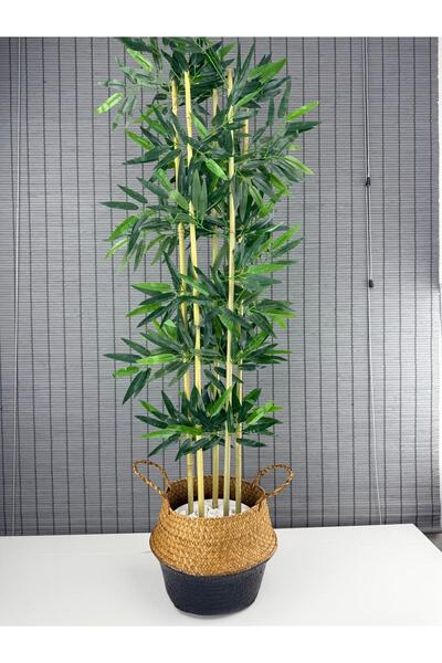 Bahçem Dekoratif Yapay Yapraklı 160cm 5 Gövde Katlanır Natural-Siyah Hasır Bambu Sepetli Bambu Ağacı