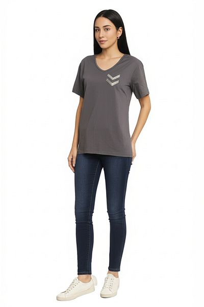 DHDmoda Women's V-Neck Stone Detailed Viscose Loose Half Sleeve Gray Blouse