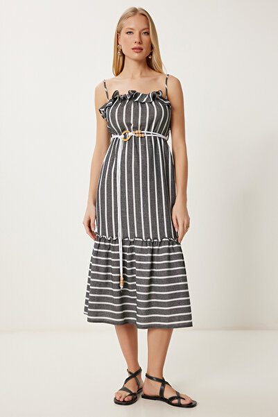 Happiness İstanbul Γυναικείο καλοκαιρινό υφαντό φόρεμα με ρίγες από ανθρακί κόκκαλο LI00126