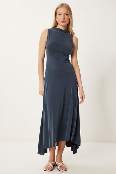 Happiness İstanbul Women's Anthracite Pale Effect Flounced Modal Dress Ub00394