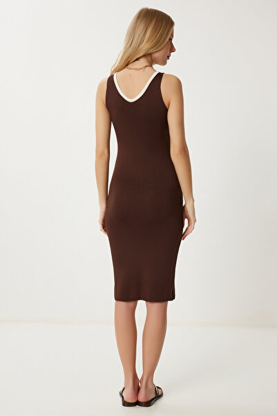 Happiness İstanbul Дамска кафява плетена рокля с контрастен цвят Kİ00119