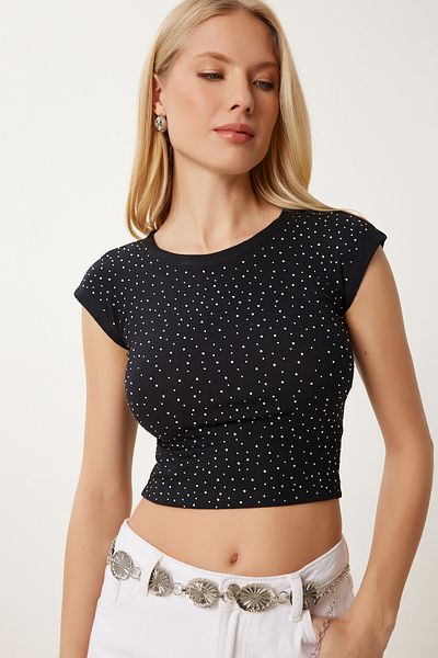 Happiness İstanbul Women's Black Stone Detailed Crop Ribbed Knitted Blouse Mx00194