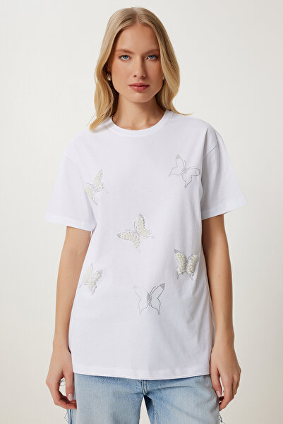 Happiness İstanbul Γυναικείο πλεκτό μπλουζάκι με λευκό μαργαριτάρι πεταλούδα MP00033