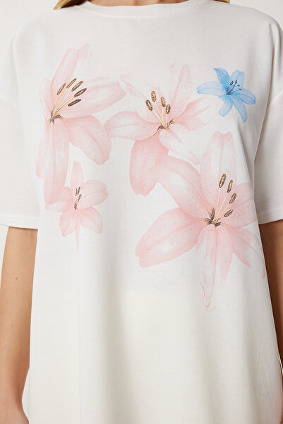 Happiness İstanbul Women's Ecru Floral Printed Knitted T-Shirt Zv00320