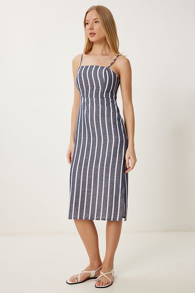Happiness İstanbul Women's Navy Blue Bone Strap Striped Summer Dress Li̇00127