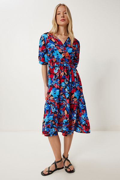 Happiness İstanbul Rochie de vară din viscoză cu model pentru femei, albastru, burgundă, cu guler înfășurat ZV00319