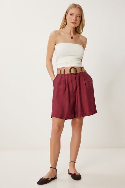 Happiness İstanbul Burgunderfarbene Strohgürtel-Astrobin-Bermudashorts für Damen in Stadtgröße DP00258