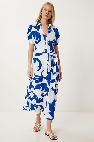 Happiness İstanbul Rochie cămașă din viscoză de vară cu model albastru alb pentru femei UB00390