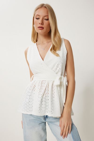Happiness İstanbul Damen-Bluse mit durchbrochenem Kragen und Knochenwickel, gestrickt, ZV00321