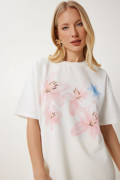 Happiness İstanbul Ecru Damen T-Shirt mit Blumenmuster ZV00320
