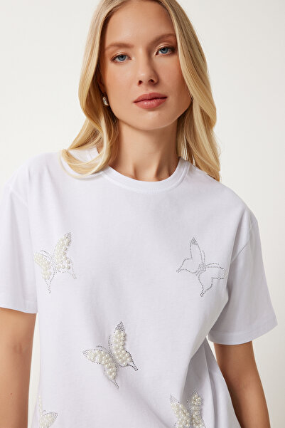 Happiness İstanbul Γυναικείο πλεκτό μπλουζάκι με λευκό μαργαριτάρι πεταλούδα MP00033